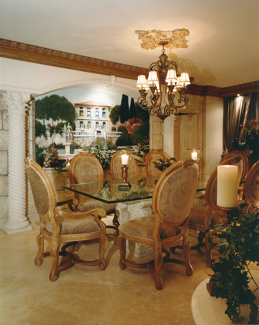 Dining Room with marble columns and custom mural vista